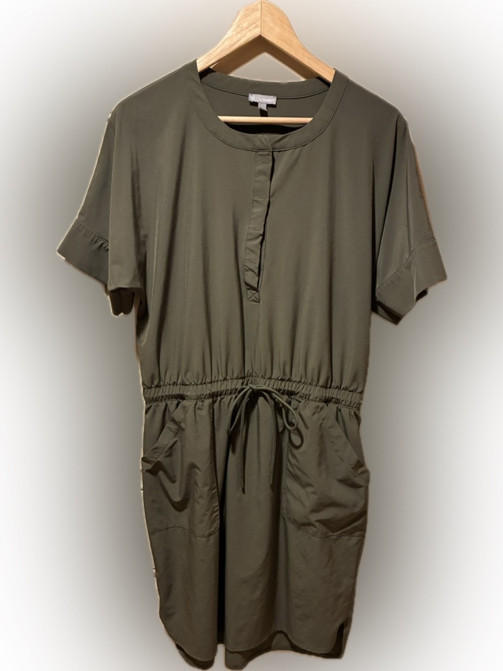 T by Talbots Utility Dress Olive Green Stretch Drawstring Waist Pocket